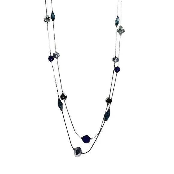 Double Strand Gold Tone Necklace With Cobalt Blue Aqua & Clear Beads (5603) - Picture 3 of 6
